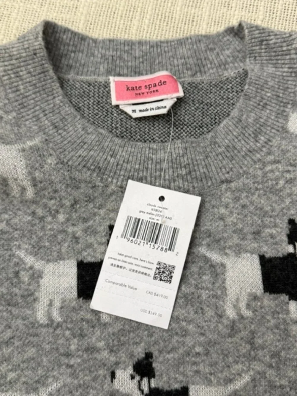 Kate Spade Claude Dachshund Sweater Grey Pullover Wool Blend Women's Size M NWT